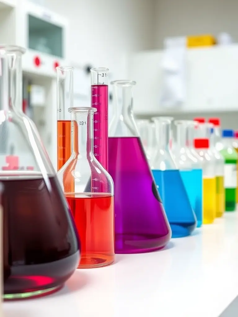 A laboratory setting with beakers, test tubes, and chemical compounds, highlighting the precision and scientific nature of industrial chemical production.