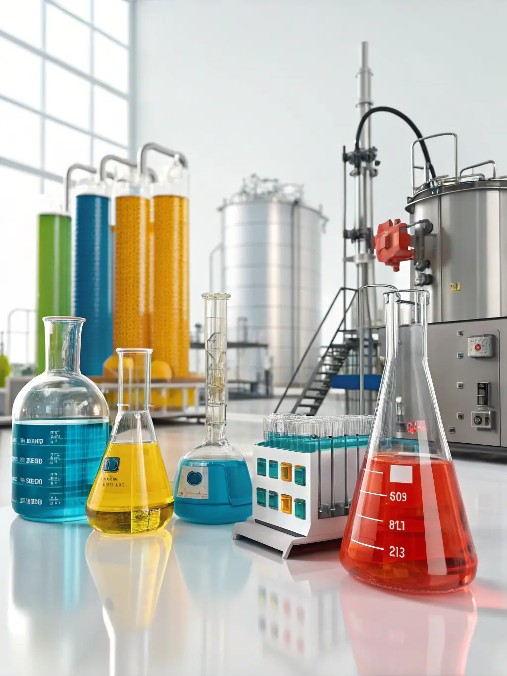 A variety of industrial and marine chemicals in labeled containers, showcasing TLY Global's supply of specialized chemical products.