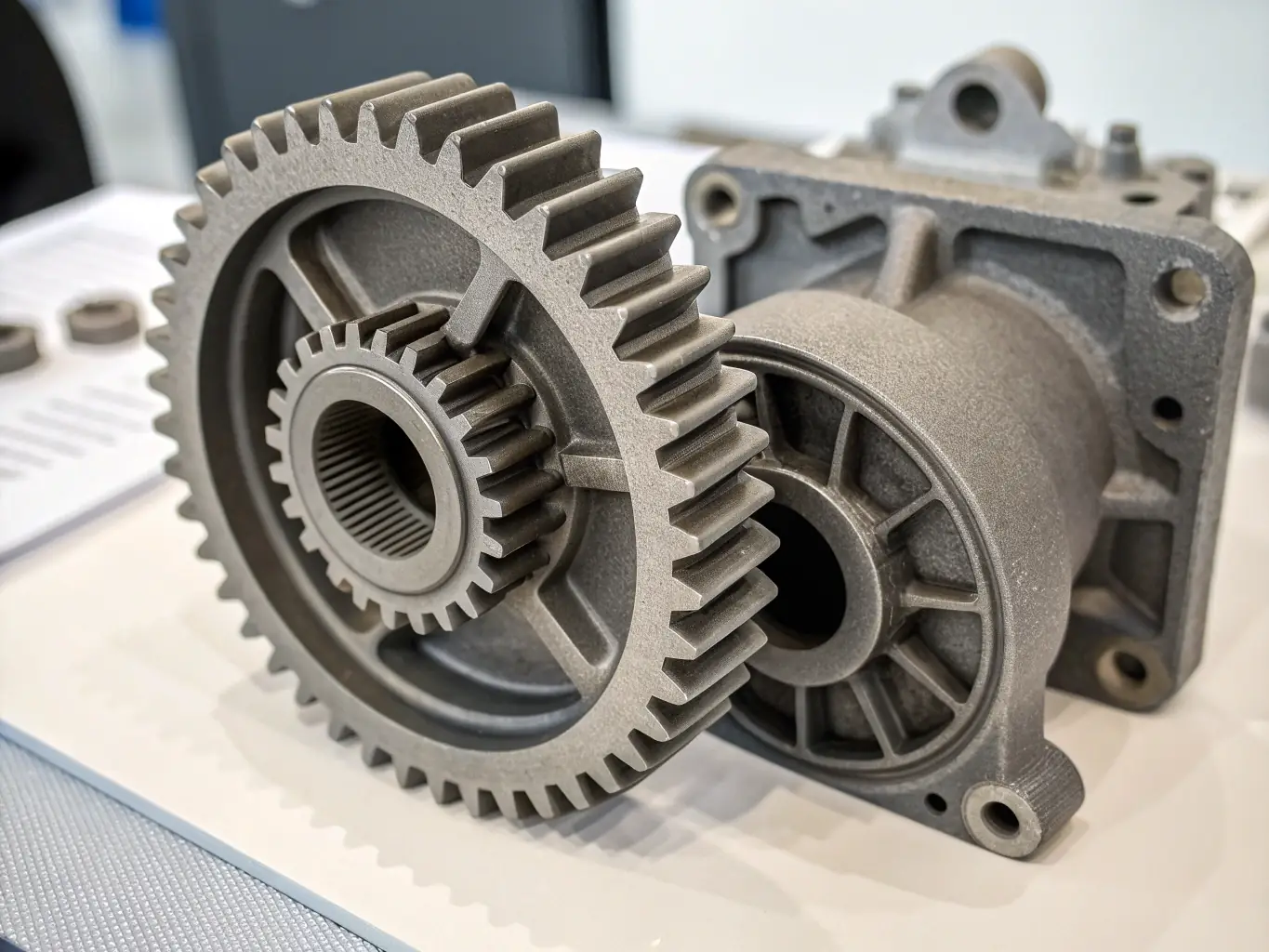 A helical gearbox connected to an electric motor, illustrating its role in transmitting power and reducing speed in industrial machinery.