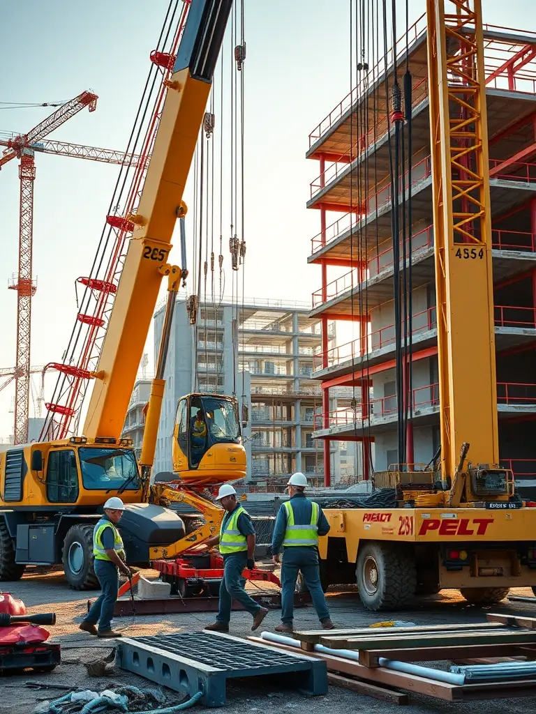 A construction site with various industrial equipment and materials, representing TLY Global's involvement in construction and real estate project supply.