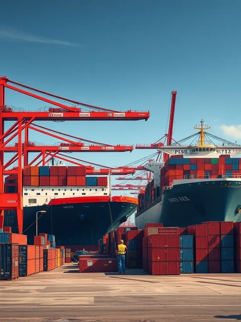 A bustling international port with cargo ships being loaded and unloaded, representing TLY Global's expertise in international trade and supply chain management.