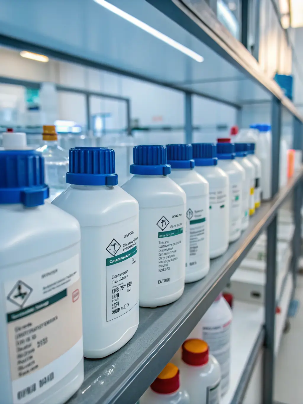 A laboratory setting with various chemical containers, beakers, and scientific equipment, illustrating TLY Global's offerings in industrial and marine chemicals.