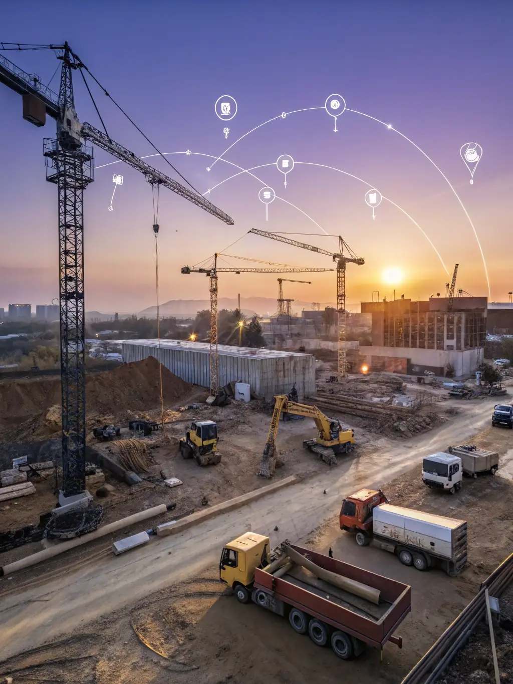 A wide shot of a construction site with various stages of building development, including cranes, scaffolding, and workers, under a clear blue sky.