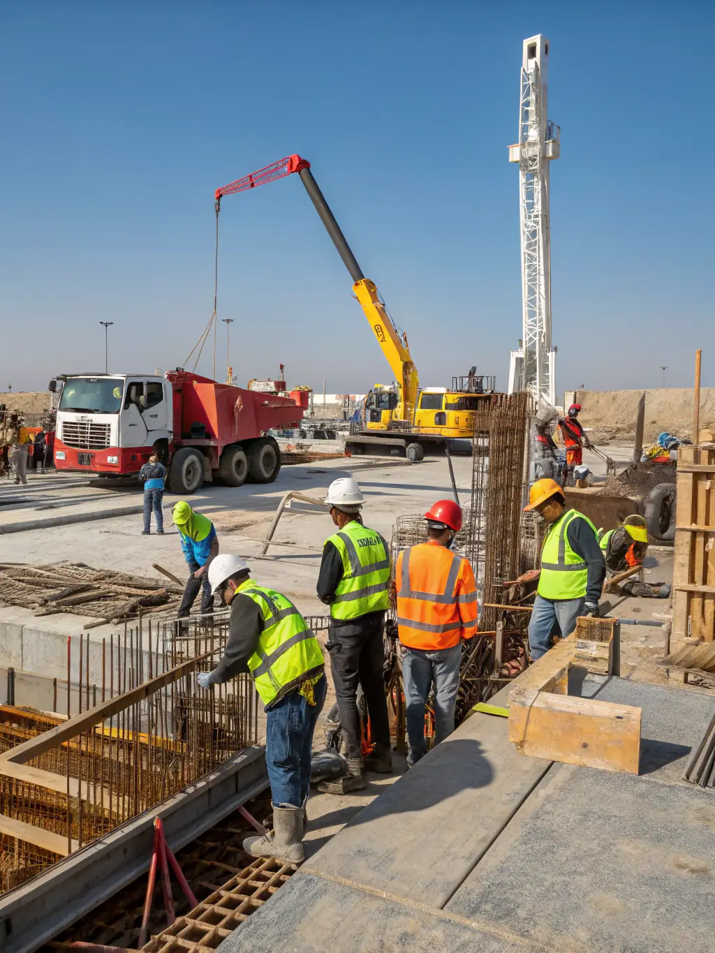 A construction site with workers, heavy machinery, and building materials, representing TLY Global's involvement in construction and real estate project supply.