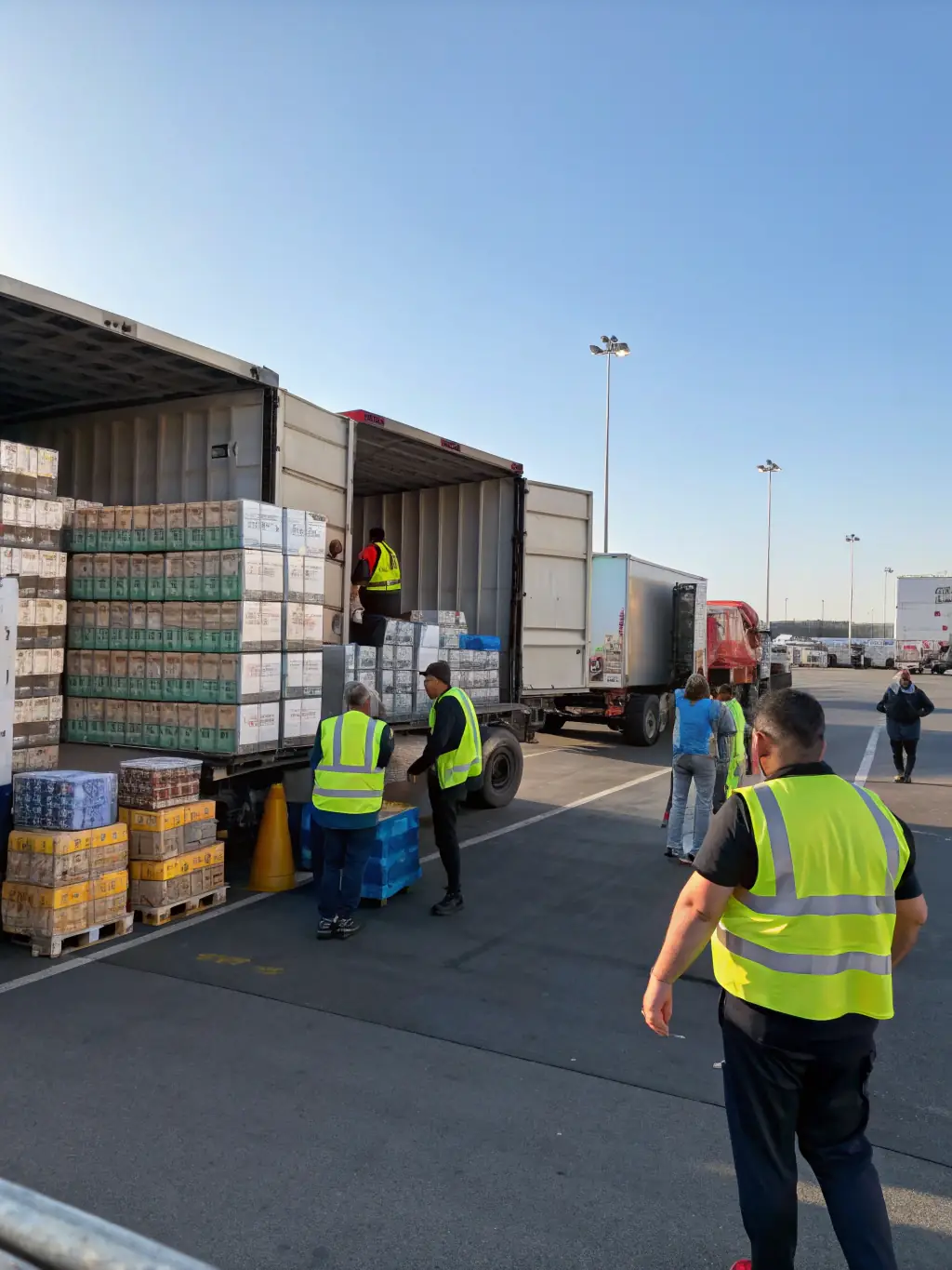 A fleet of delivery trucks and vans in a logistics hub, with packages being sorted and loaded, showcasing TLY Global's logistics and delivery solutions.