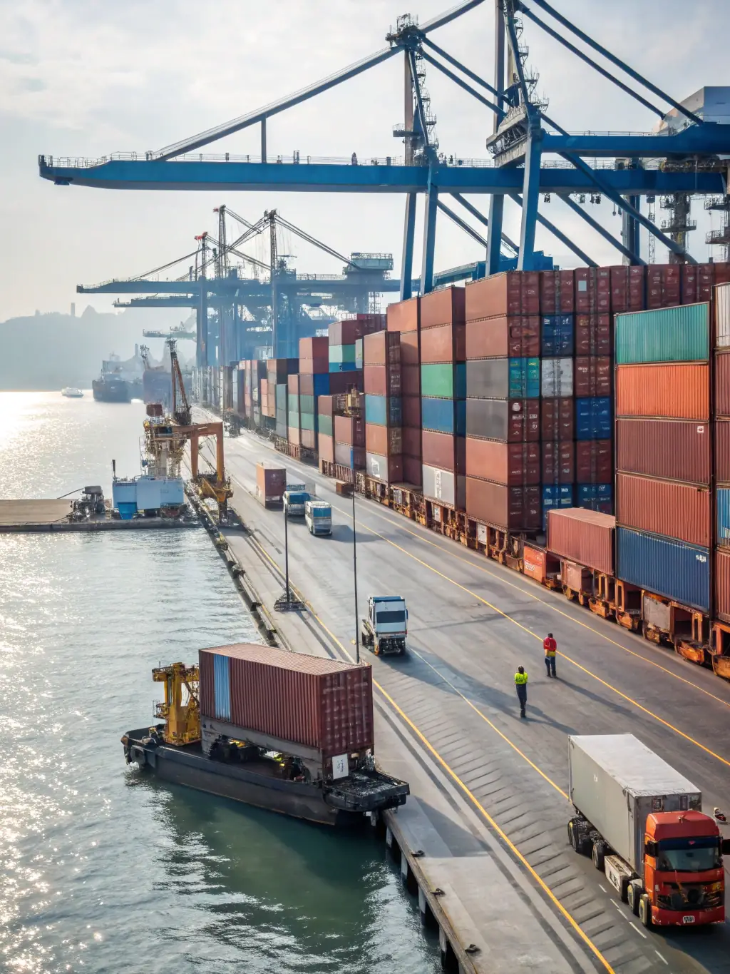 A bustling international port with cargo ships being loaded and unloaded, containers stacked high, and cranes in operation, symbolizing TLY Global's international trade and supply services.