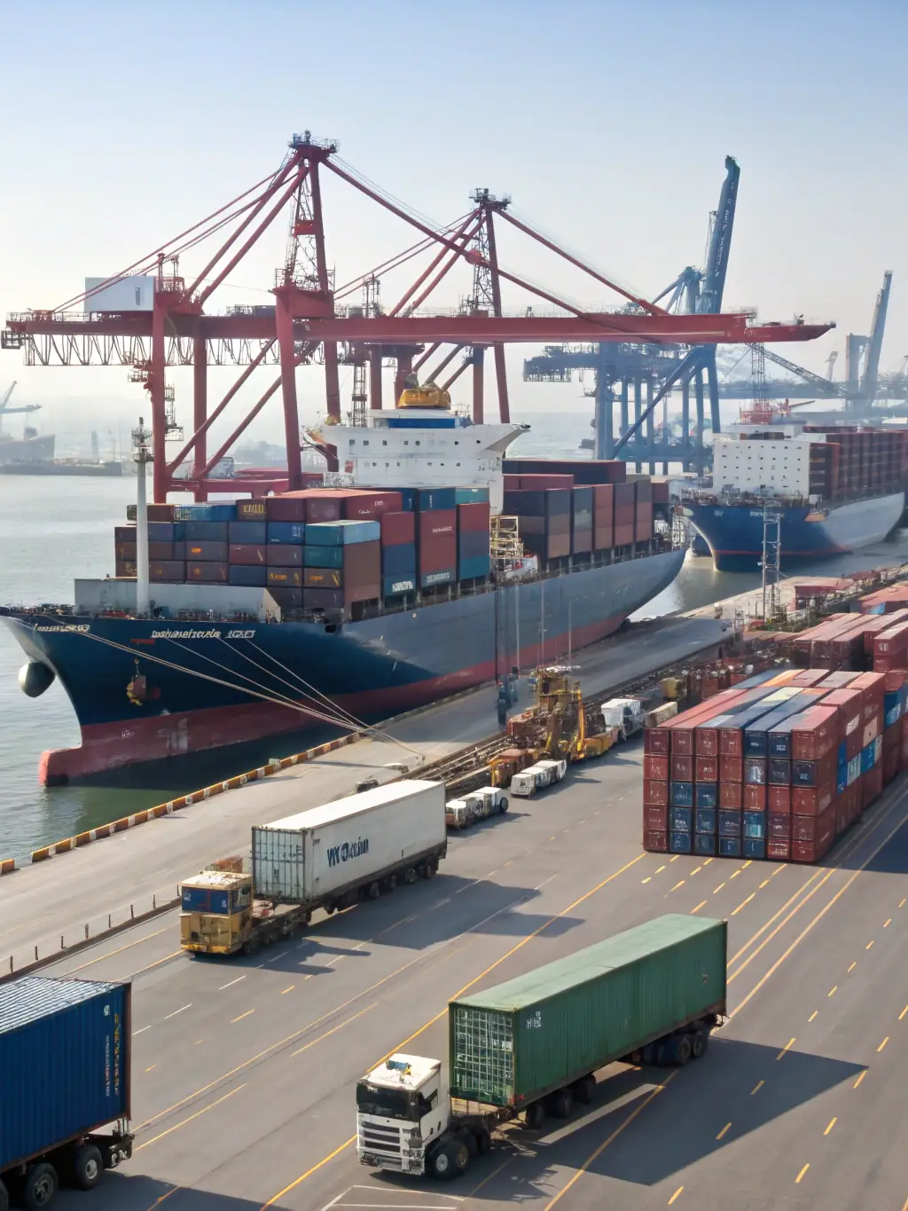 A well-organized supply chain network with cargo ships, trucks, and warehouses, symbolizing TLY Global's efficient logistics solutions.