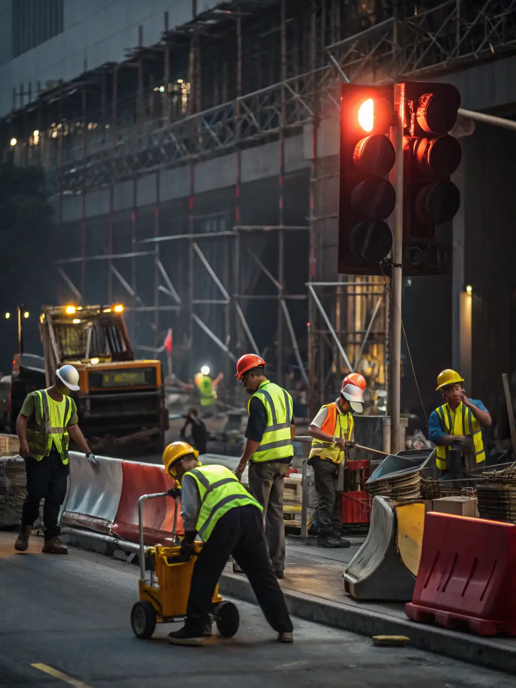 A construction site with workers and heavy machinery, showcasing TLY Global's involvement in supplying construction and real estate projects.